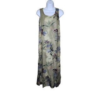 Vintage 1990s Sleeveless Maxi Shift Dress Womens Small Green Floral Rayon Summer